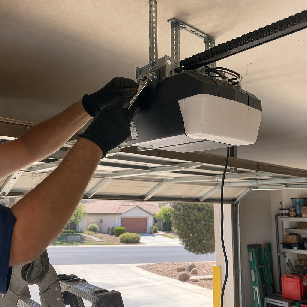 Technician installs garage door opener