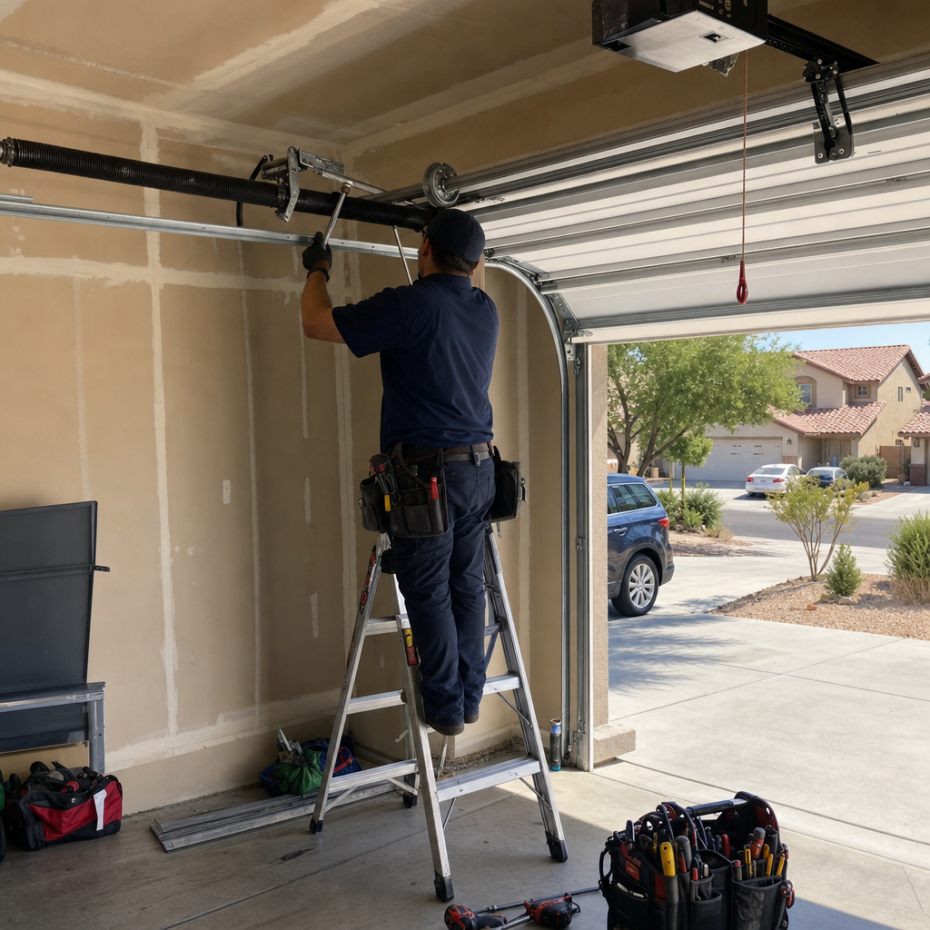 Garage door repair technician working on spring