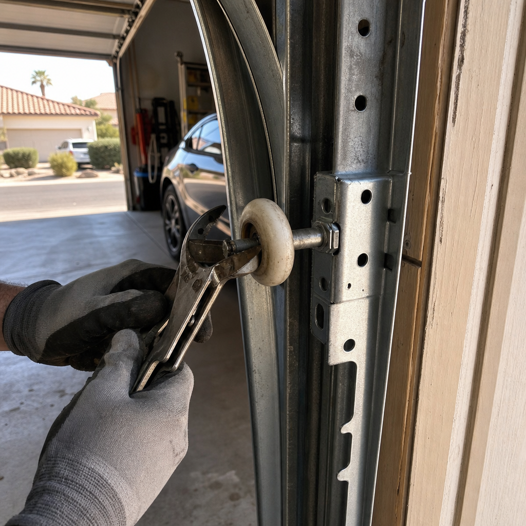 Garage door repair professional adjusting roller on track