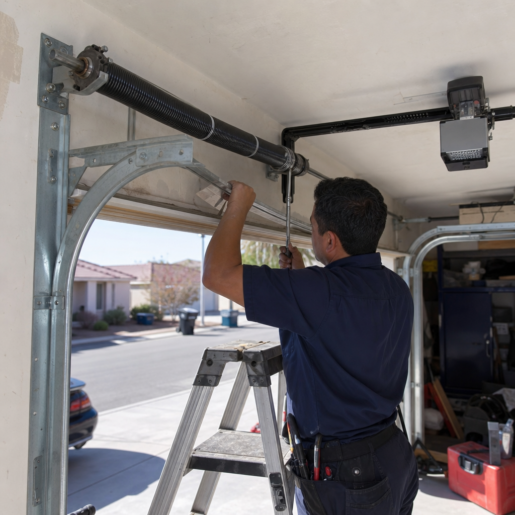 Technician performs emergency garage door repair with tools in Las Vegas, NV