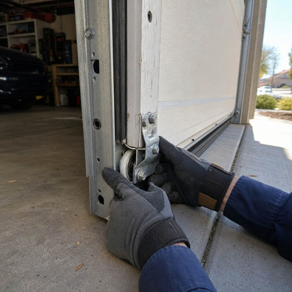 Garage door emergency repair technician adjusting roller in Winchester, NV