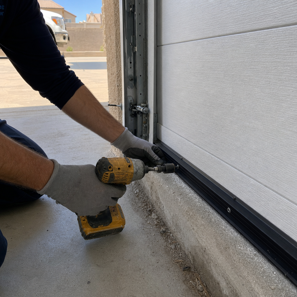Professional installing garage door bottom seal with a drill in Las Vegas, NV