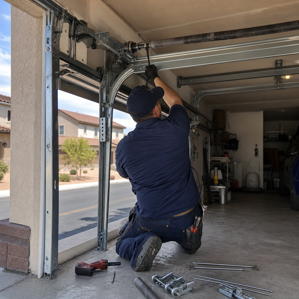 Garage door technician repairing spring mechanism in Whitney, NV