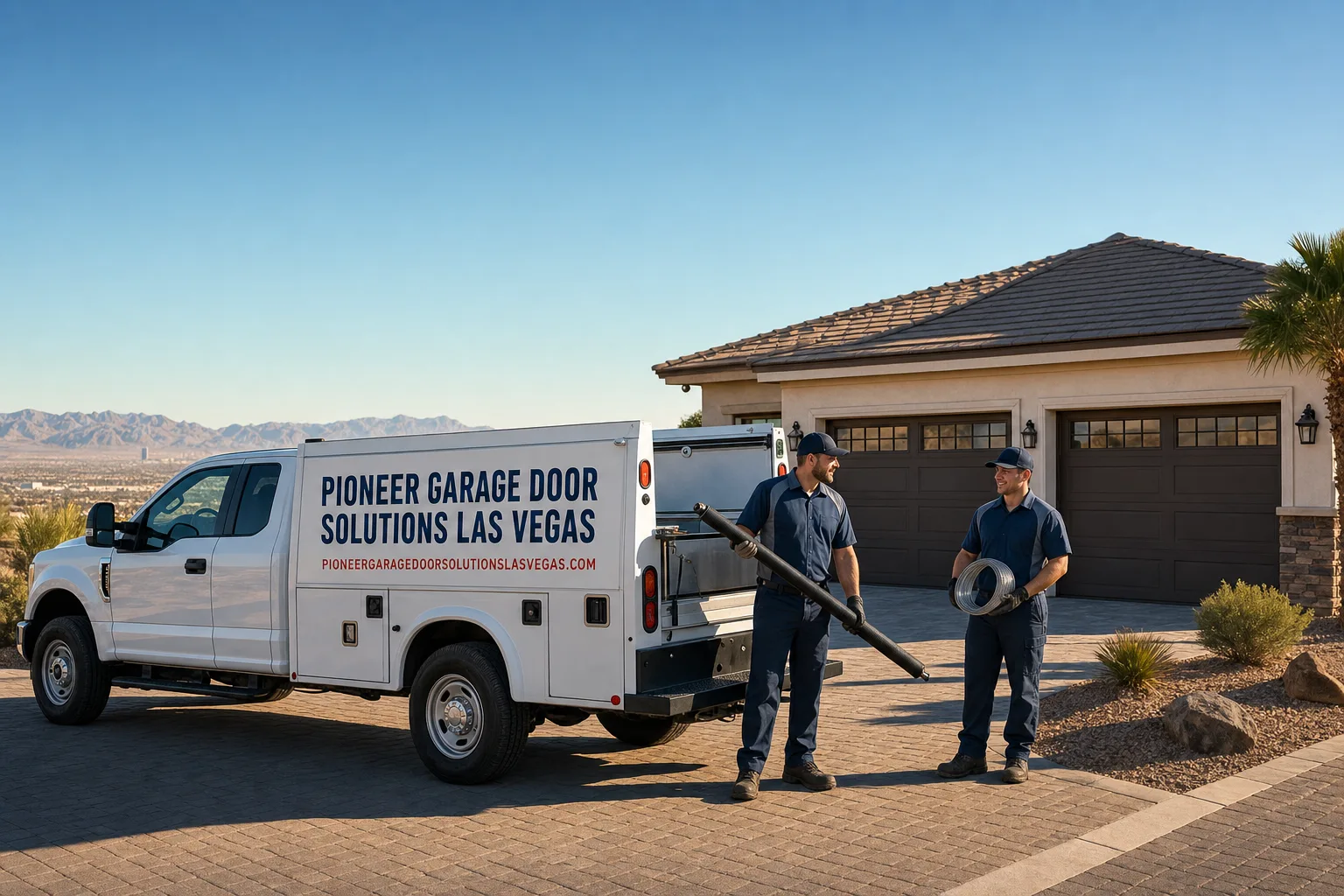 Pioneer Garage Door Solutions Las Vegas service vehicle and crew in Las Vegas, NV